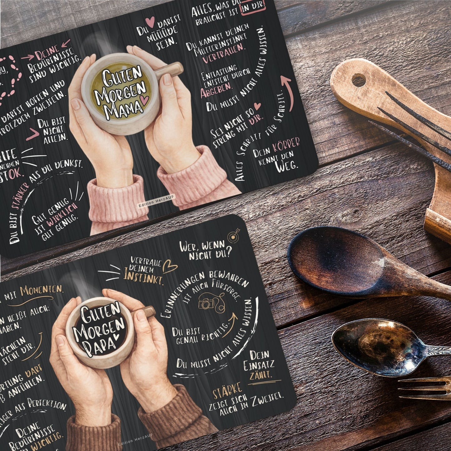 Frühstücksbrettchen Set für neue Eltern zur Geburt "Guten Morgen Mama und Papa“