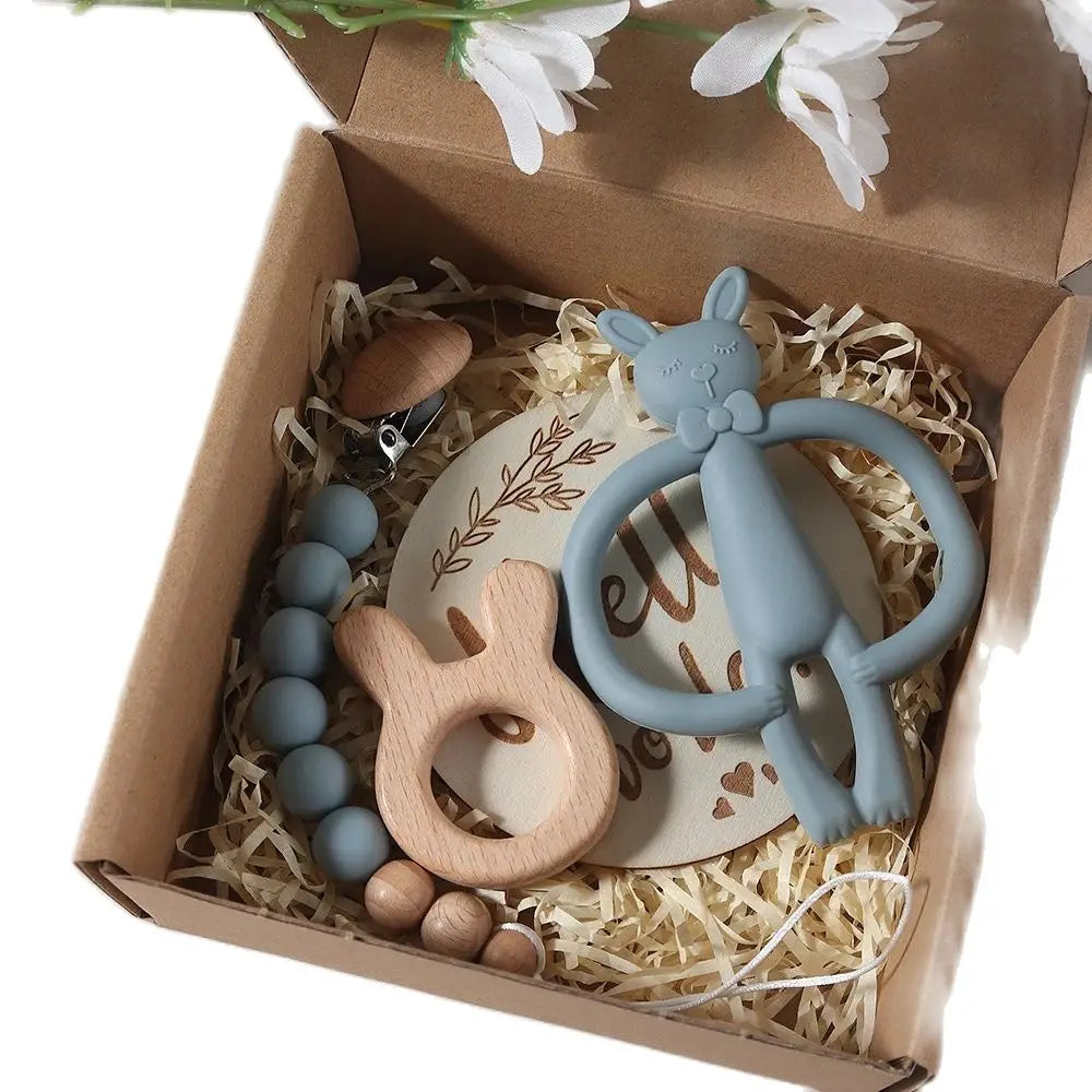 KidzzCamp Baby-Geschenkbox Katze 3-teilig mit Silikon-Beißring
