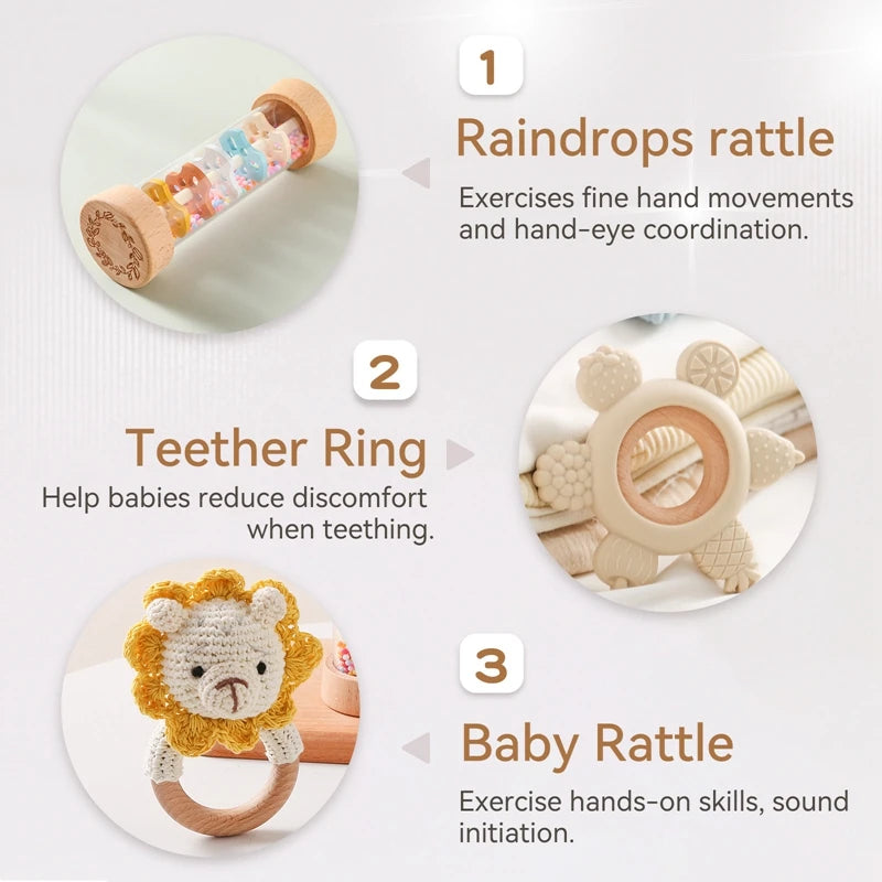 KidzzCamp Baby-Geschenkbox 3-teilig – umhäkelte Rassel, Sanduhr-Rassel & Beißring