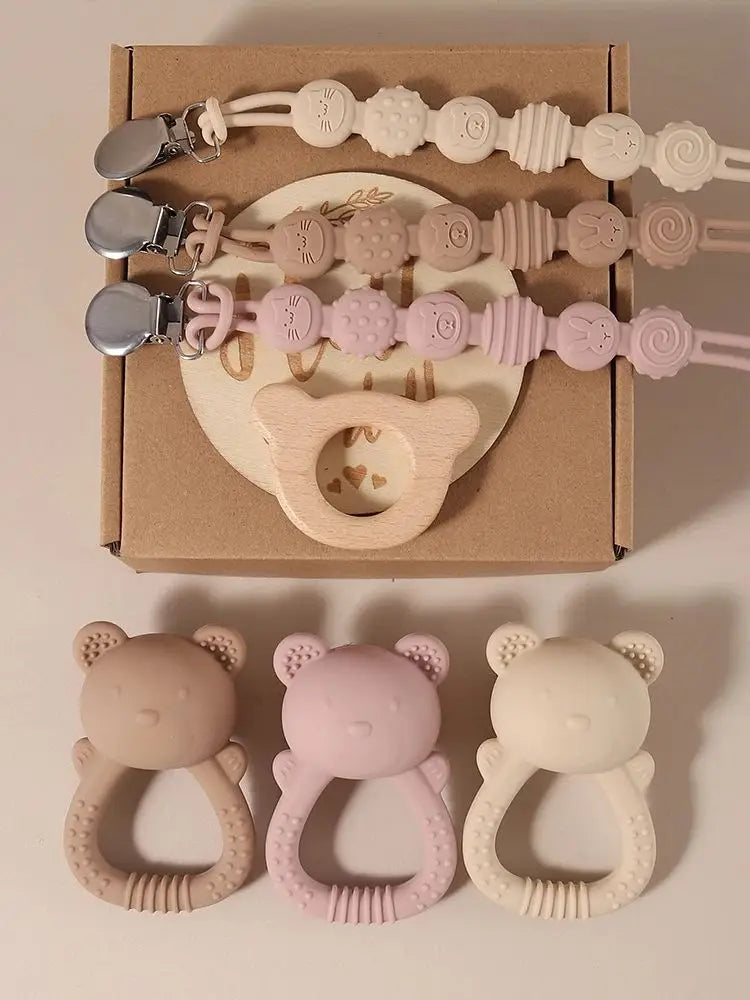 KidzzCamp Baby-Geschenkbox Katze 3-teilig mit Silikon Beißring & Schnullerkette