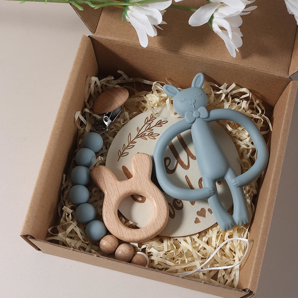 KidzzCamp Baby-Geschenkbox Katze 3-teilig mit Silikon-Beißring