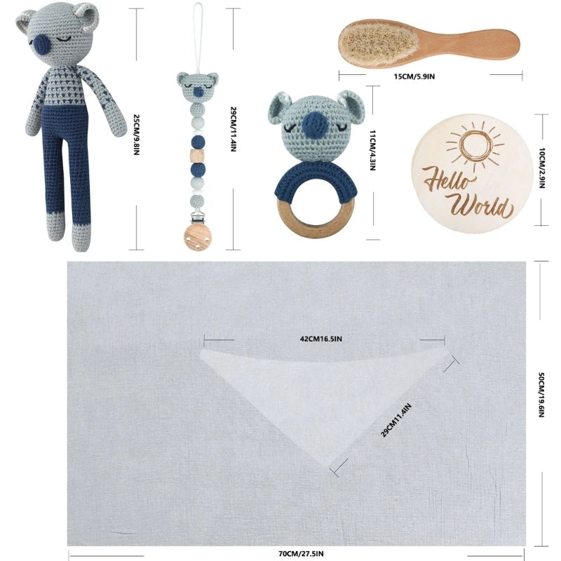 KidzzCamp Baby-Geschenkbox 7-teilig mit gehäkeltem Plüschtier und Musselintuch