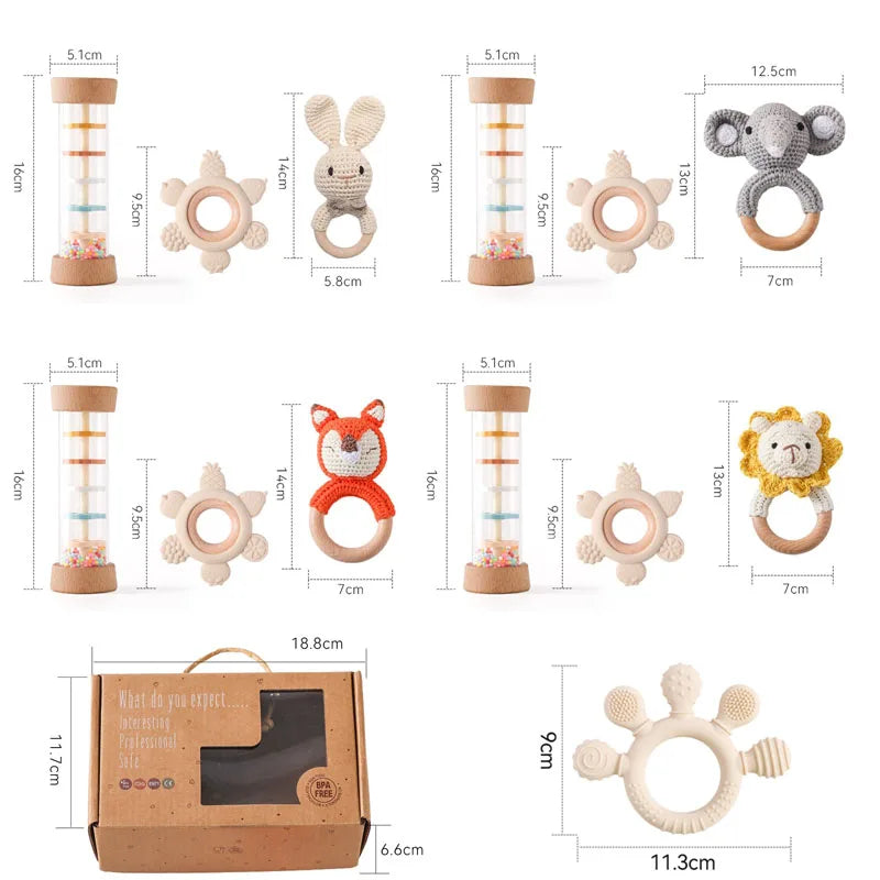 KidzzCamp Baby-Geschenkbox 3-teilig – umhäkelte Rassel, Sanduhr-Rassel & Beißring