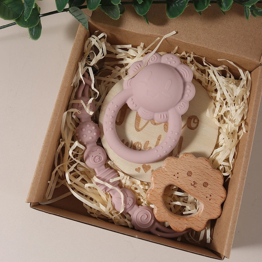 KidzzCamp Baby-Geschenkbox Katze 3-teilig mit Silikon Beißring & Schnullerkette