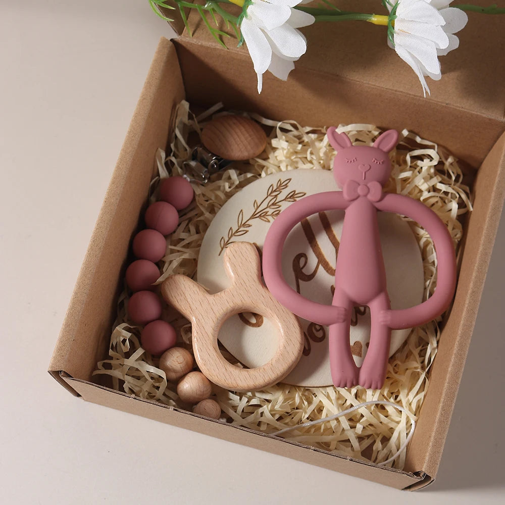 KidzzCamp Baby-Geschenkbox Katze 3-teilig mit Silikon-Beißring