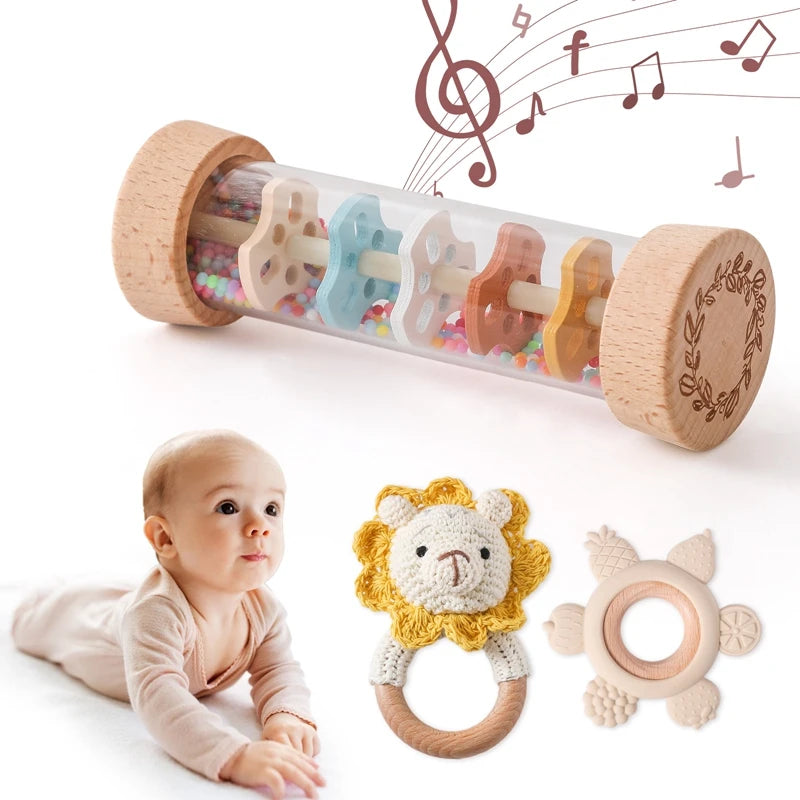 KidzzCamp Baby-Geschenkbox 3-teilig – umhäkelte Rassel, Sanduhr-Rassel & Beißring