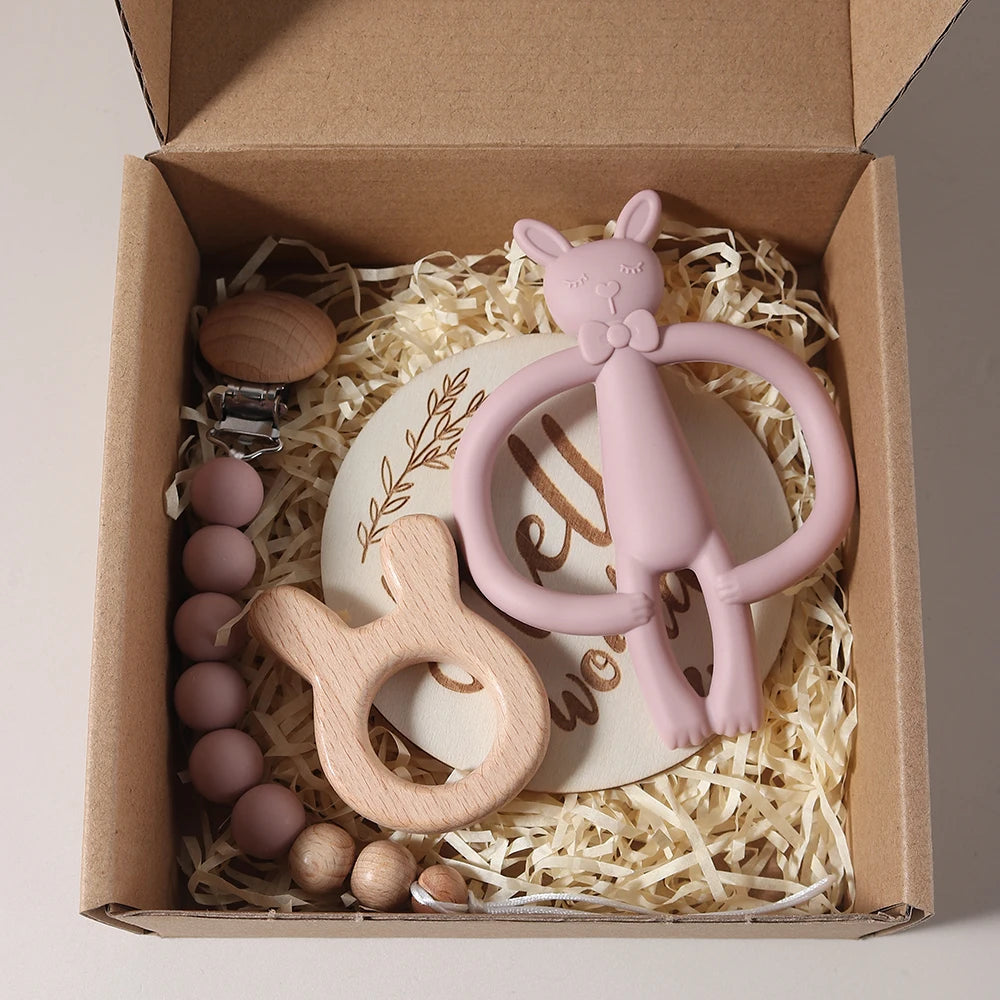 KidzzCamp Baby-Geschenkbox Katze 3-teilig mit Silikon-Beißring