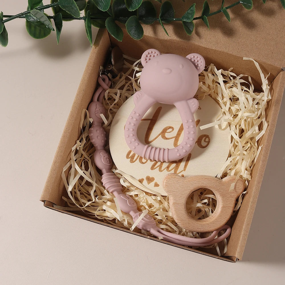 KidzzCamp Baby-Geschenkbox Katze 3-teilig mit Silikon Beißring & Schnullerkette