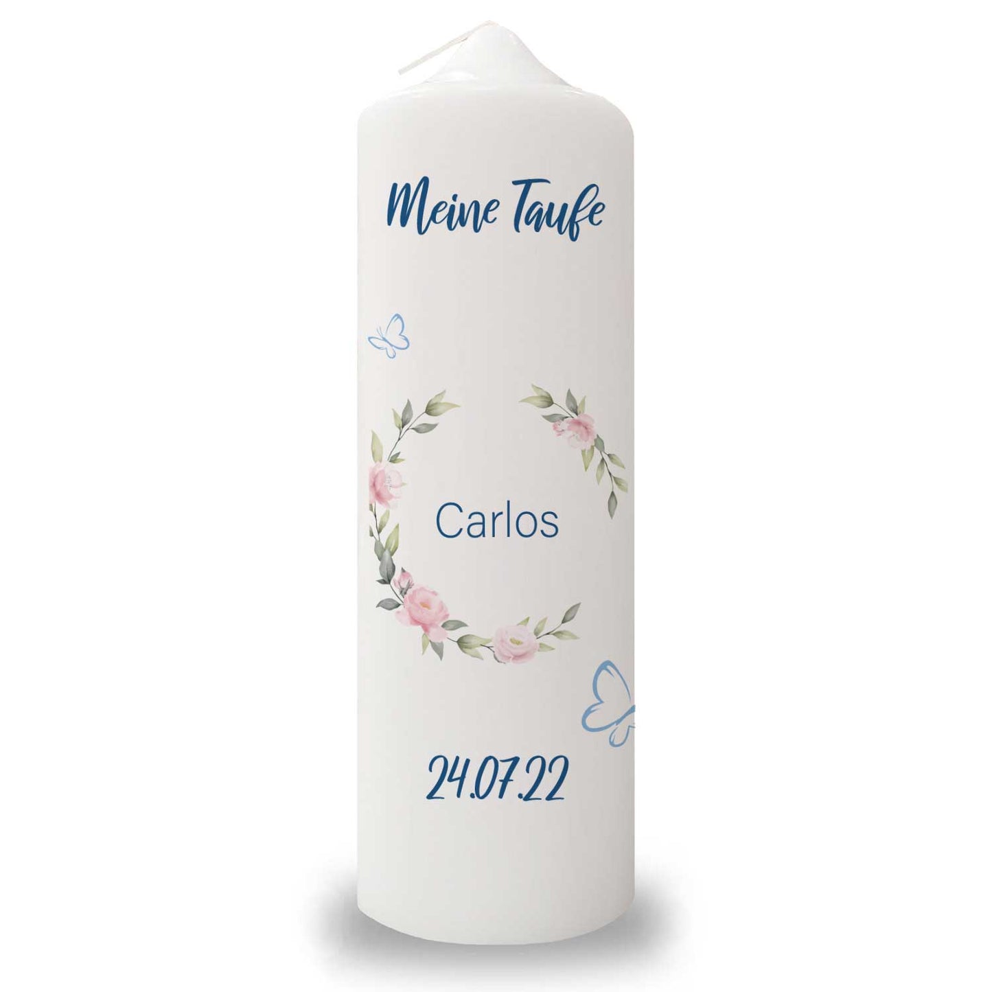 Große Kerze "Schmetterling" - Taufkerze mit Namen, Datum & Taufspruch