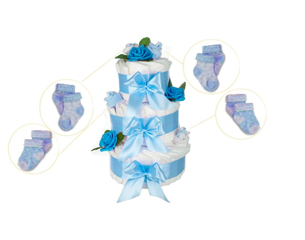 KidzzCamp Große Windeltorte "Rosenblüte" blau 3-stöckig