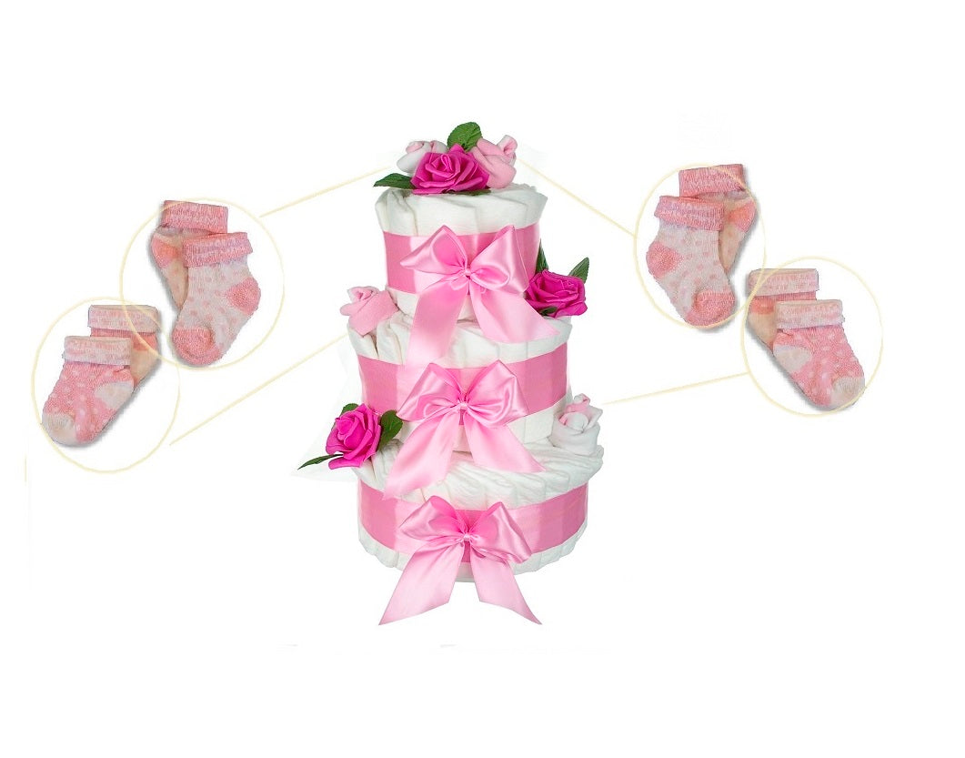 KidzzCamp Große Windeltorte "Rosenblüte" 3-stöckig rosa