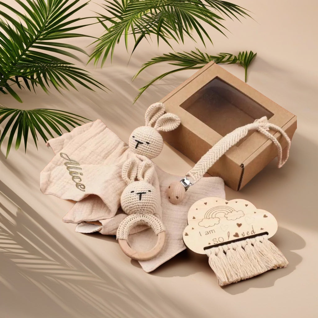 KidzzCamp Baby-Geschenkbox 5-teilig personalisierbar Musselin Hase