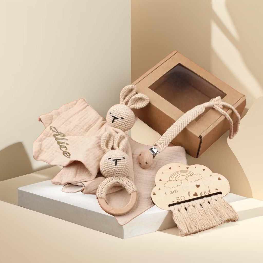 KidzzCamp Baby-Geschenkbox 5-teilig personalisierbar Musselin Hase