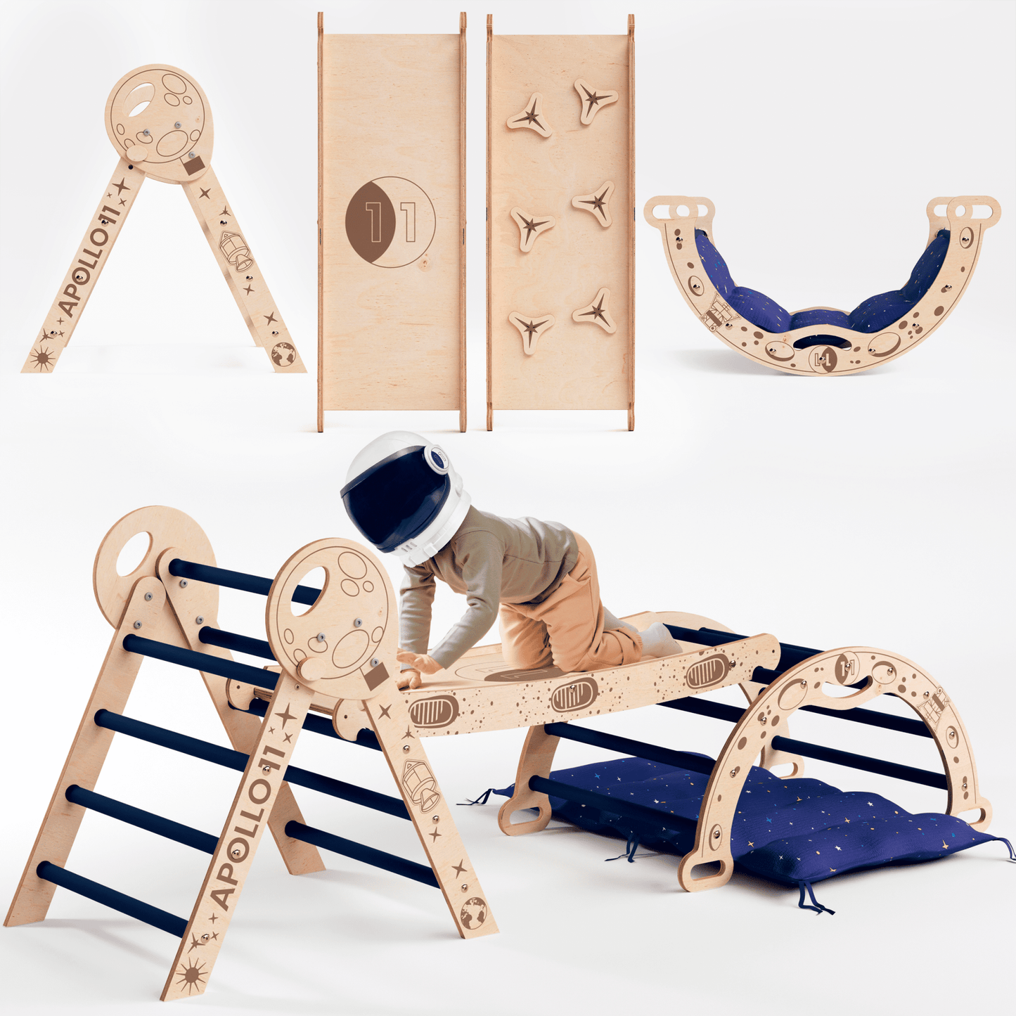 Apollo 4in1 Kletterset: Pikler-Dreieck, Kletterbogen, Rutschbrett und Kissen für kleine Kleinkind-Astronauten
