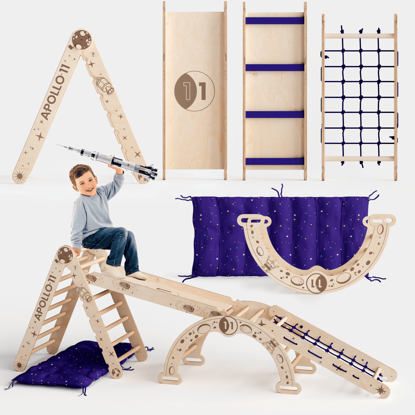 Apollo 5-in-1 Kletterset: Pikler-Dreieck, Kletterbogen, Rutschbrett, Kissen und Netz für kleine Astronauten