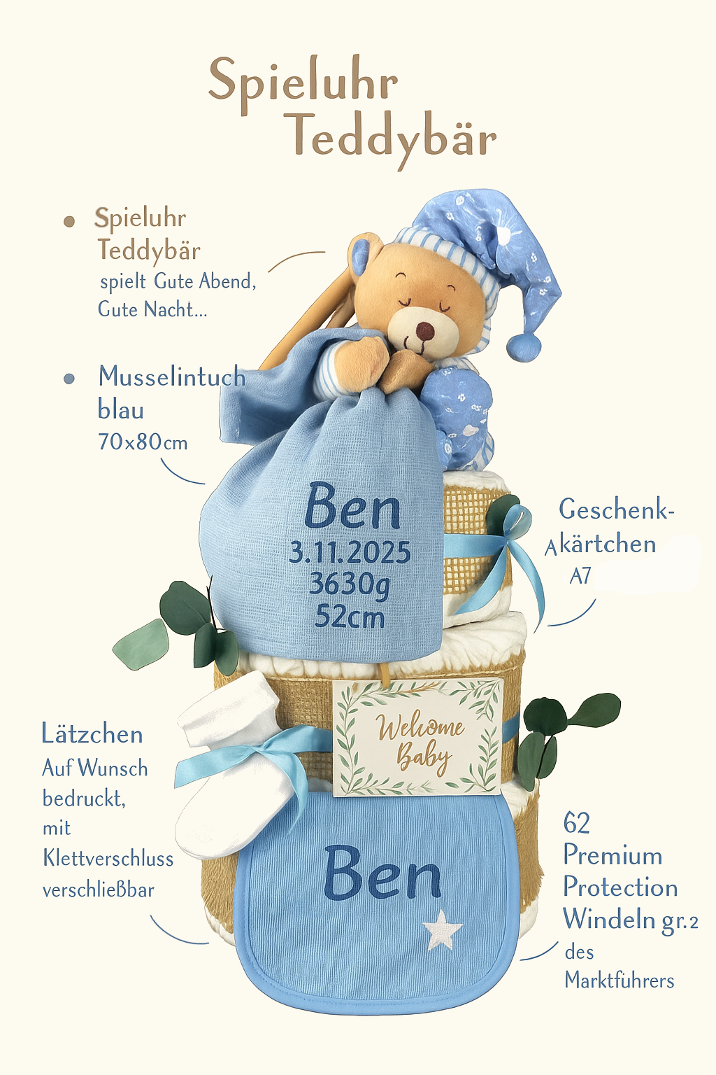 KidzzCamp Premium Windeltorte blau mit Spieluhr Teddybär, Musselintuch, Lätzchen | Personalisierbar | 4-stöckig