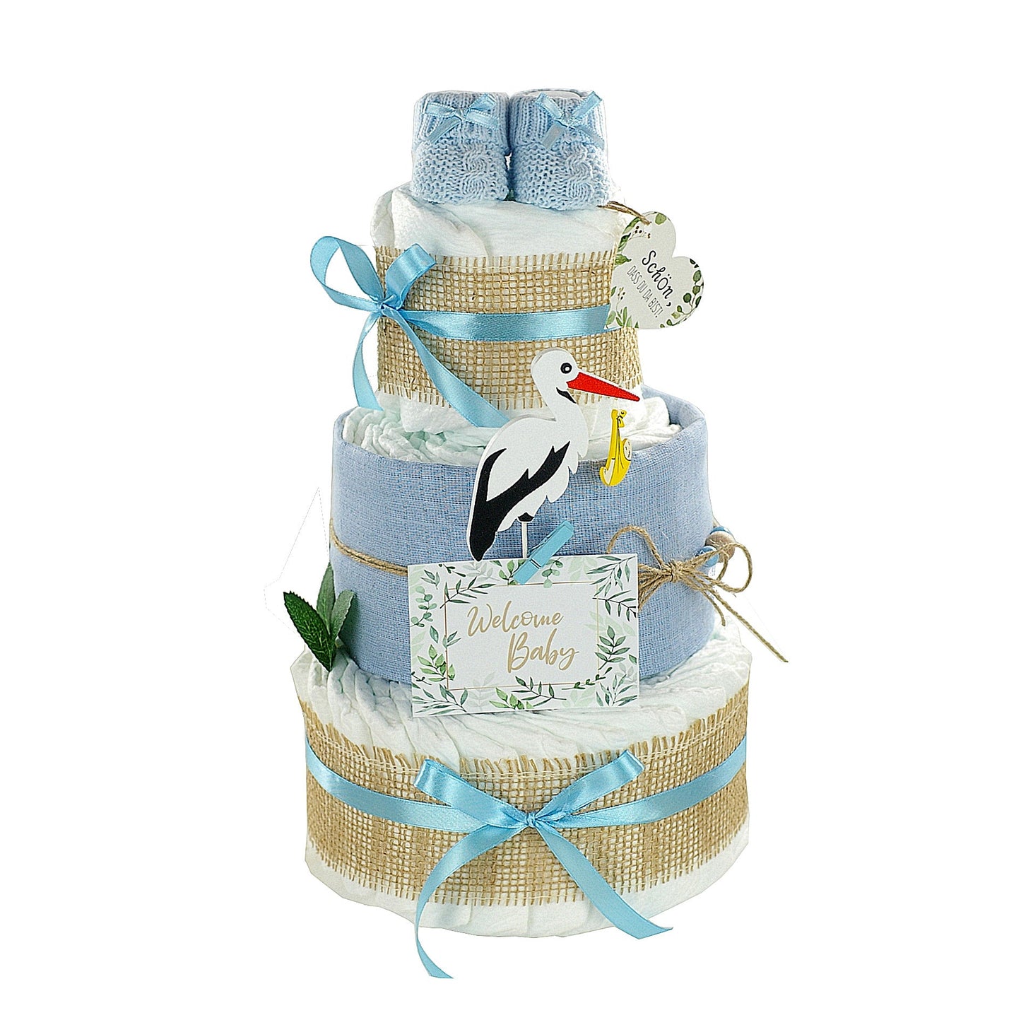 Kidzzcamp große Windeltorte "Storch blau" mit Babybooties und Mullwindel