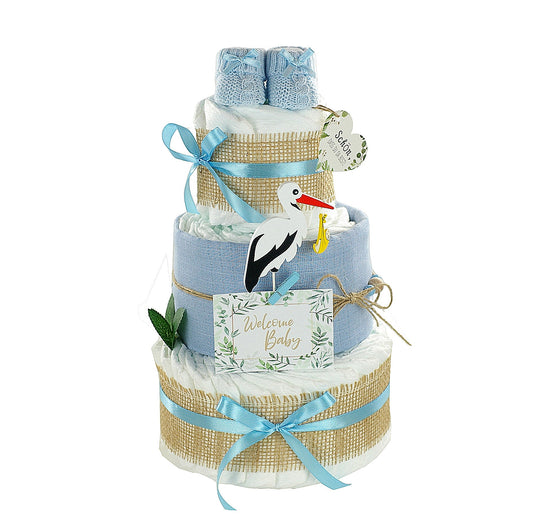 Kidzzcamp große Windeltorte "Storch blau" mit Babybooties und Mullwindel