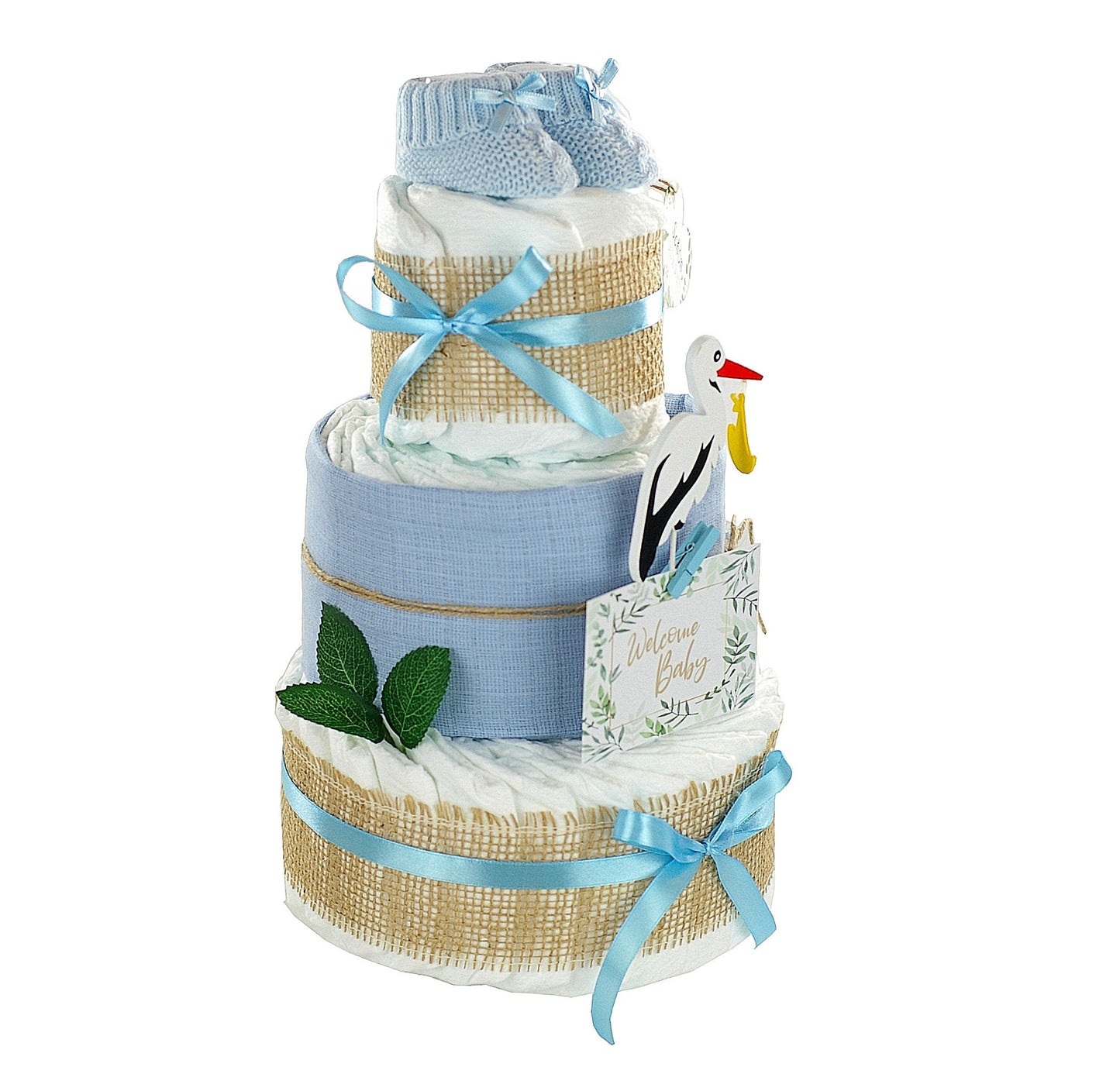 Kidzzcamp große Windeltorte "Storch blau" mit Babybooties und Mullwindel