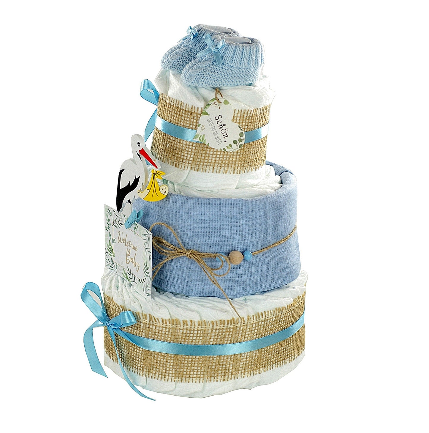 Kidzzcamp große Windeltorte "Storch blau" mit Babybooties und Mullwindel