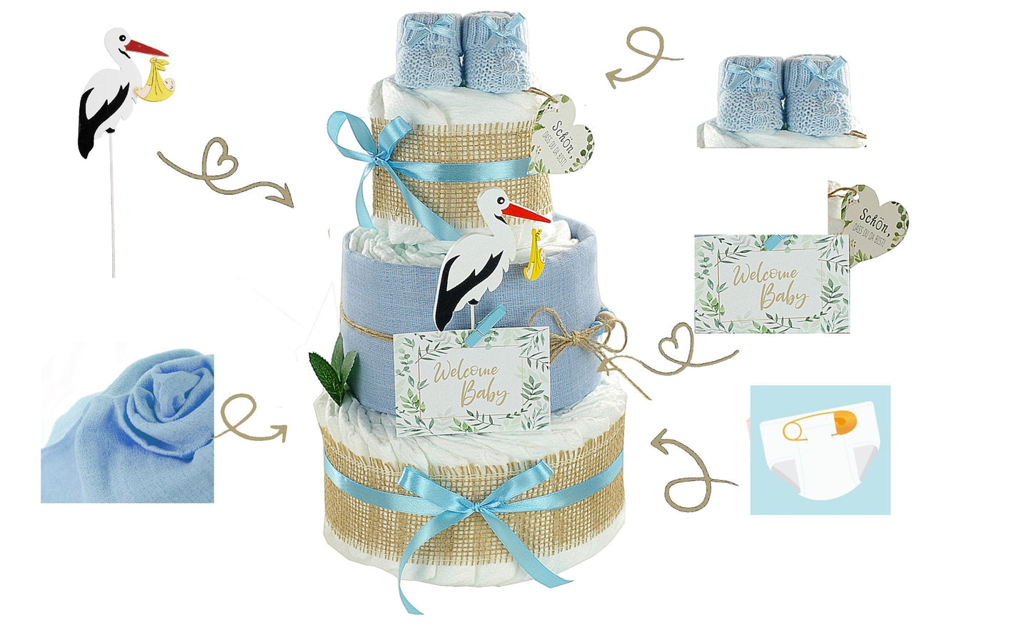 Kidzzcamp große Windeltorte "Storch blau" mit Babybooties und Mullwindel