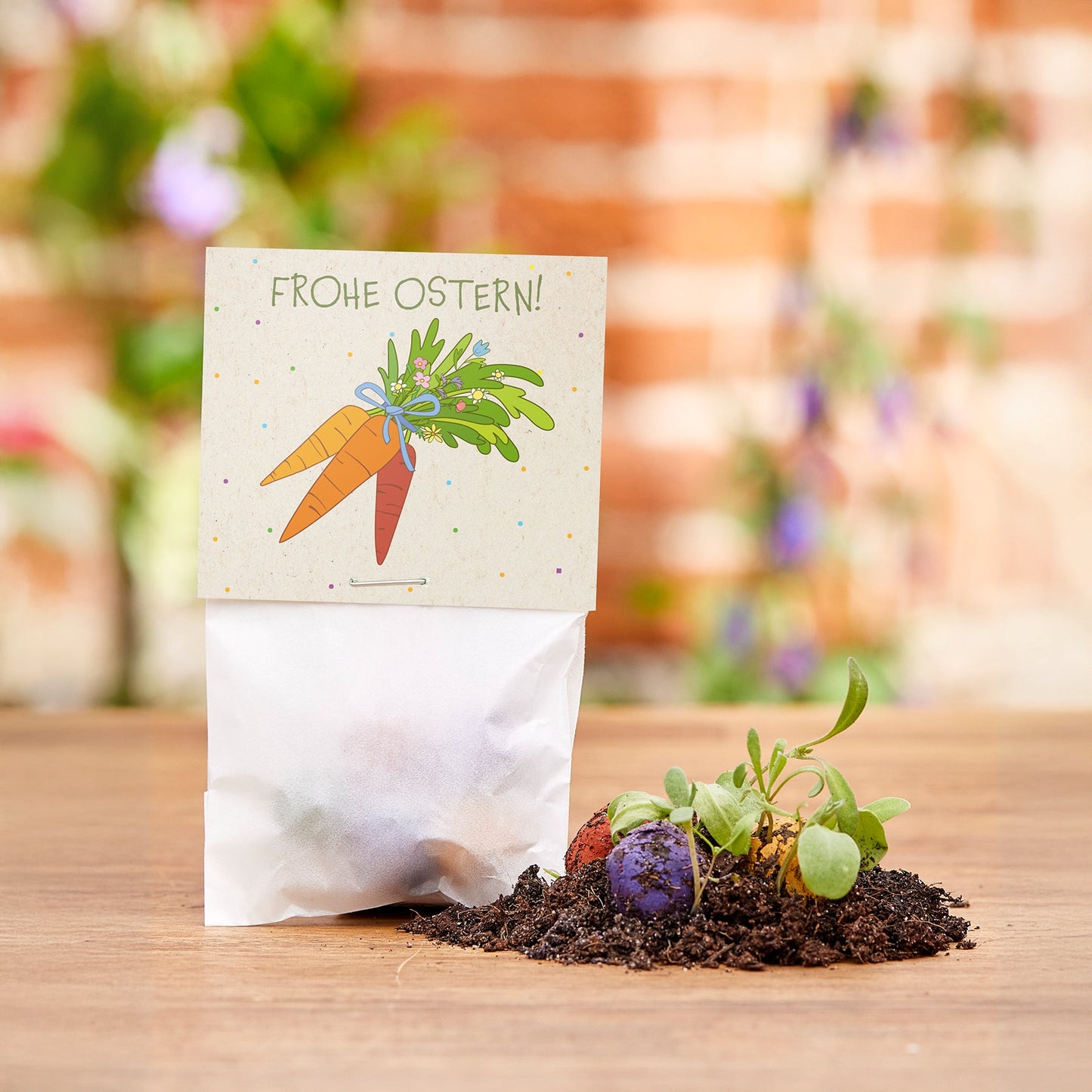 10x5 Blumenmurmeln im Tütchen "Möhren" - Frohe Ostern