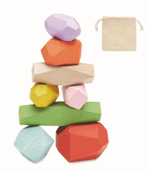Flowfull® Holzsteine Schatzsuche SET – 8 bunte Spielsteine im Baumwollbeutel