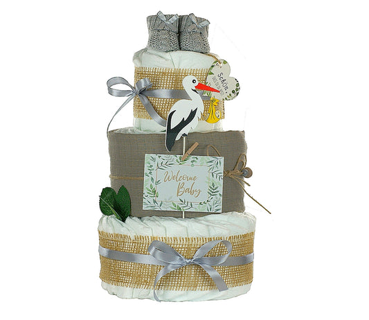 Kidzzcamp große Windeltorte "Storch grau" mit Babybooties und Mullwindel