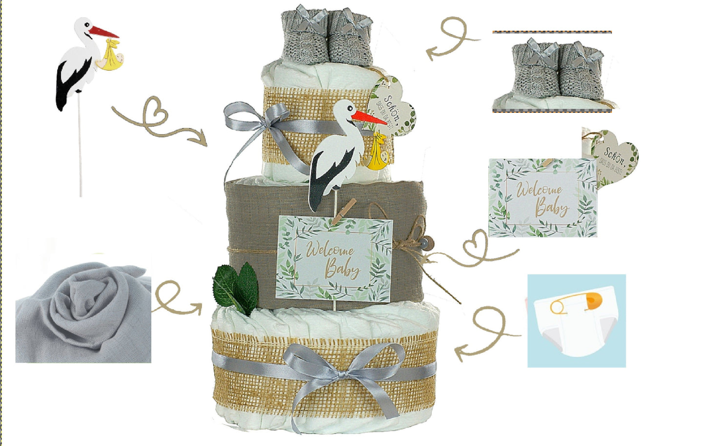 Kidzzcamp große Windeltorte "Storch grau" mit Babybooties und Mullwindel