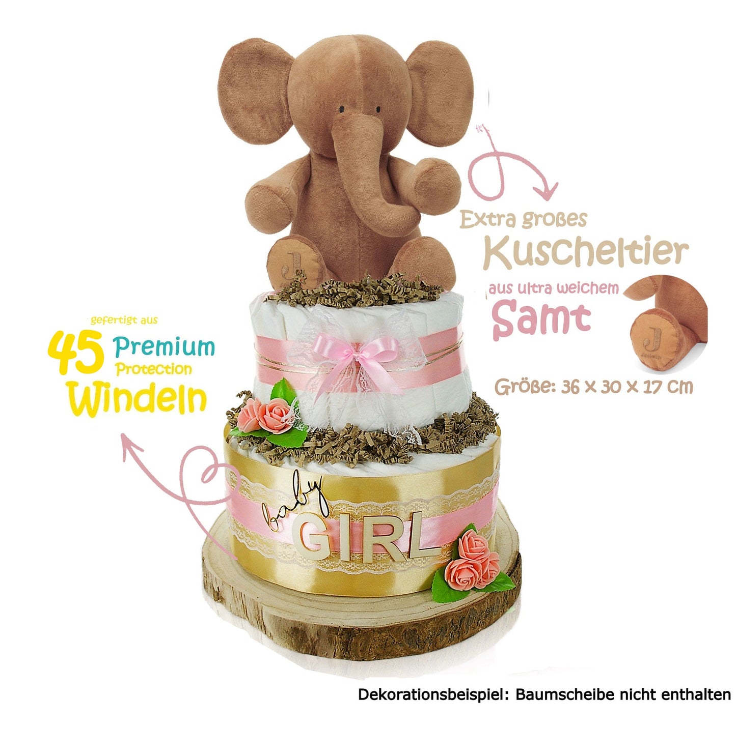 KidzzCamp Windeltorte „Little Peanut“ mit großem personalisierbarem Kuscheltier Elefant