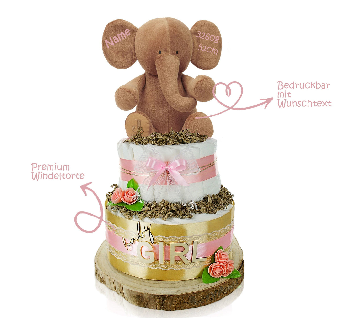 KidzzCamp Windeltorte „Little Peanut“ mit großem personalisierbarem Kuscheltier Elefant