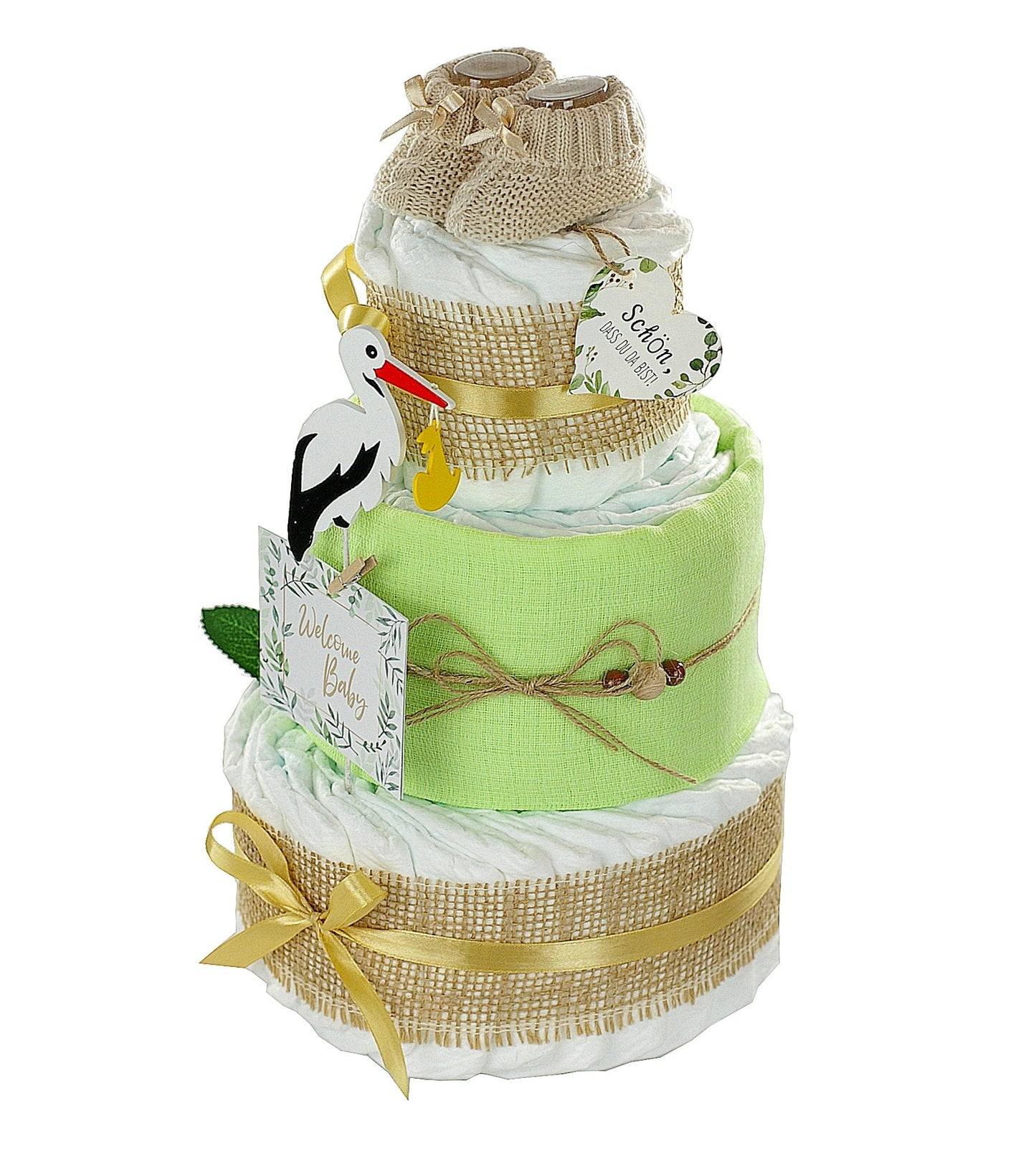 Kidzzcamp große Windeltorte "Storch grün" mit Babybooties und Mullwindel