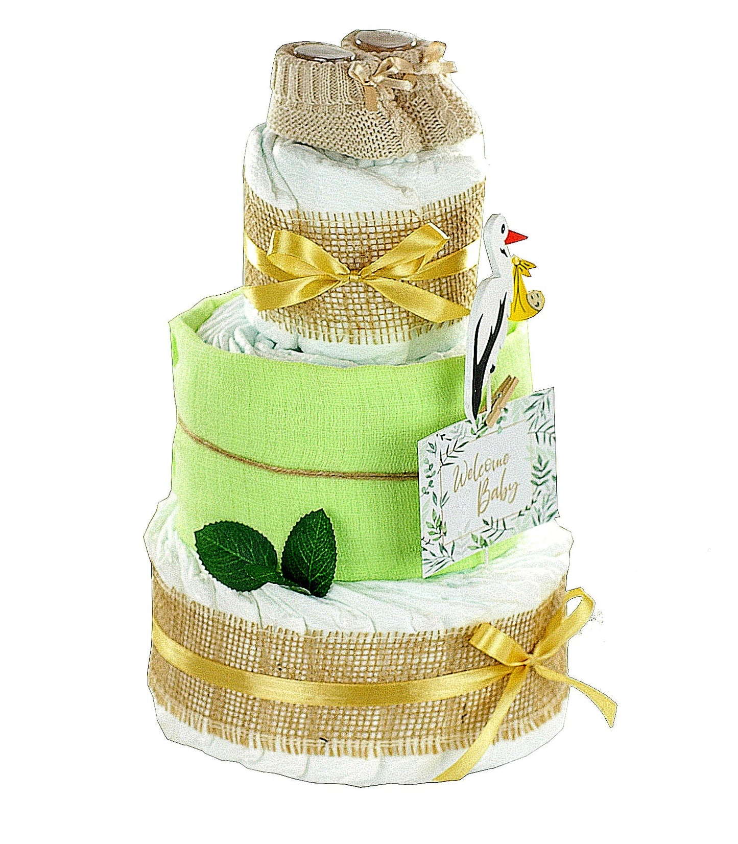 Kidzzcamp große Windeltorte "Storch grün" mit Babybooties und Mullwindel