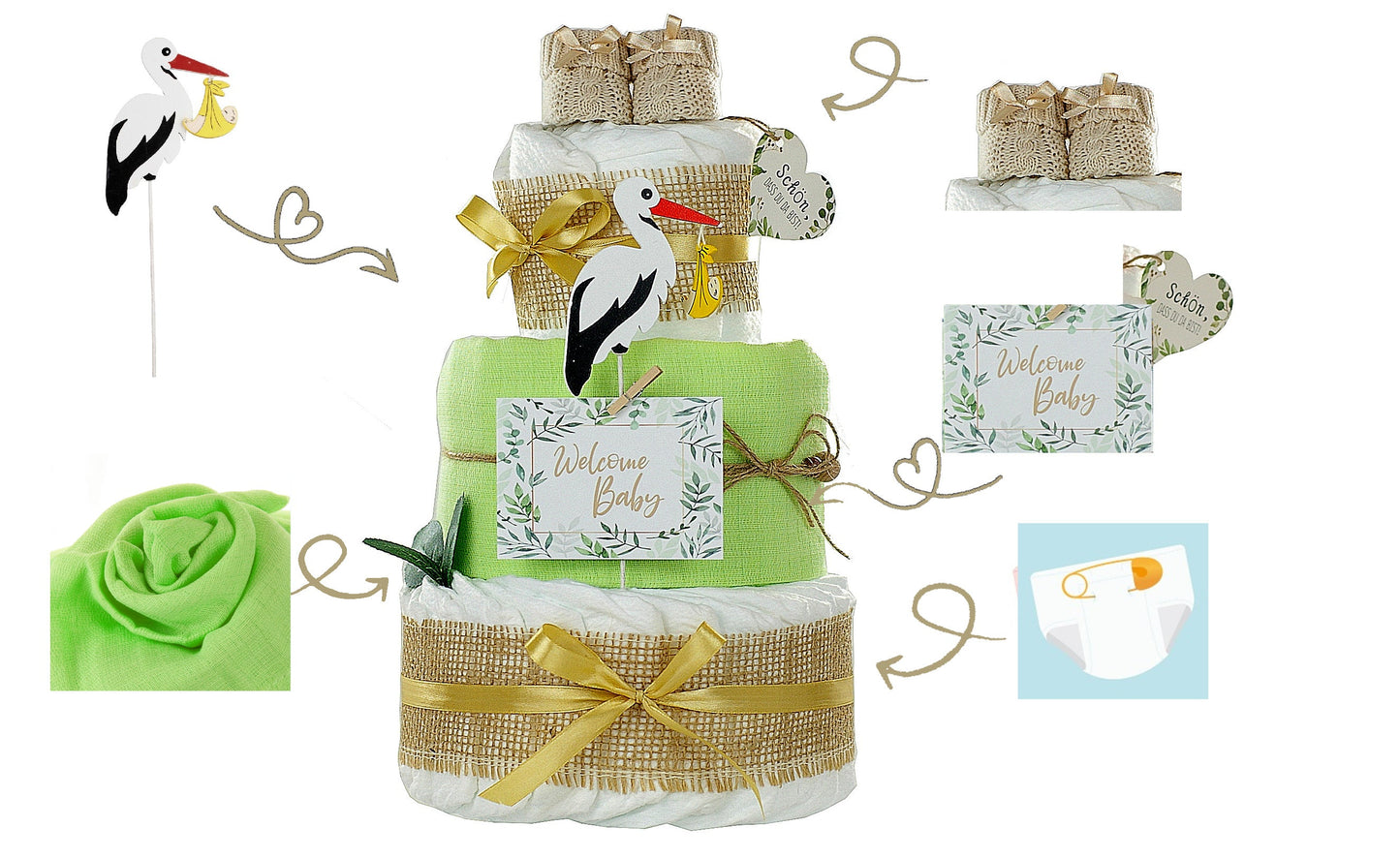 Kidzzcamp große Windeltorte "Storch grün" mit Babybooties und Mullwindel