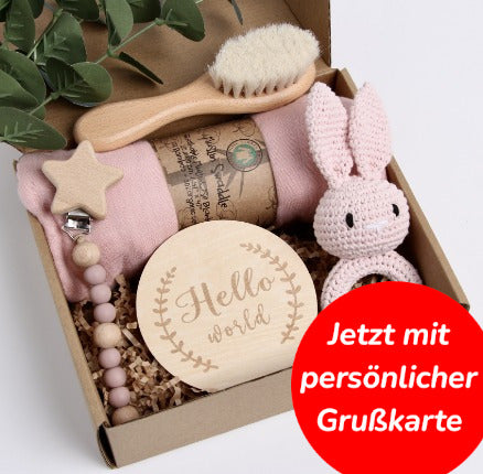 KidzzCamp Baby-Geschenkbox 5-teilig mit Musselin-Pucktuch 120 x 120 cm mit individueller Grußkarte und schnellem Versand