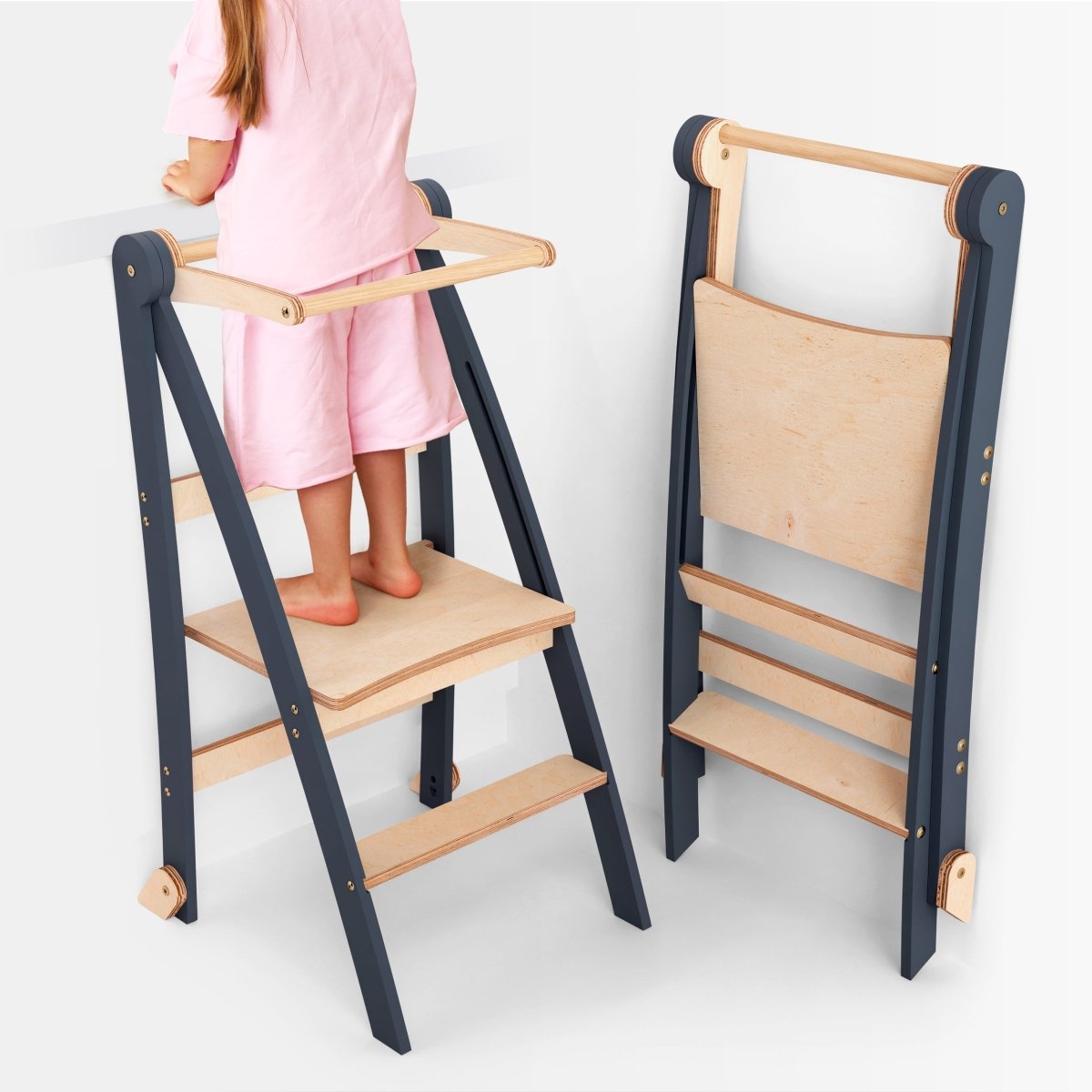 Holz Lernleiter Montessori: Hocker für Kinder - Graphit