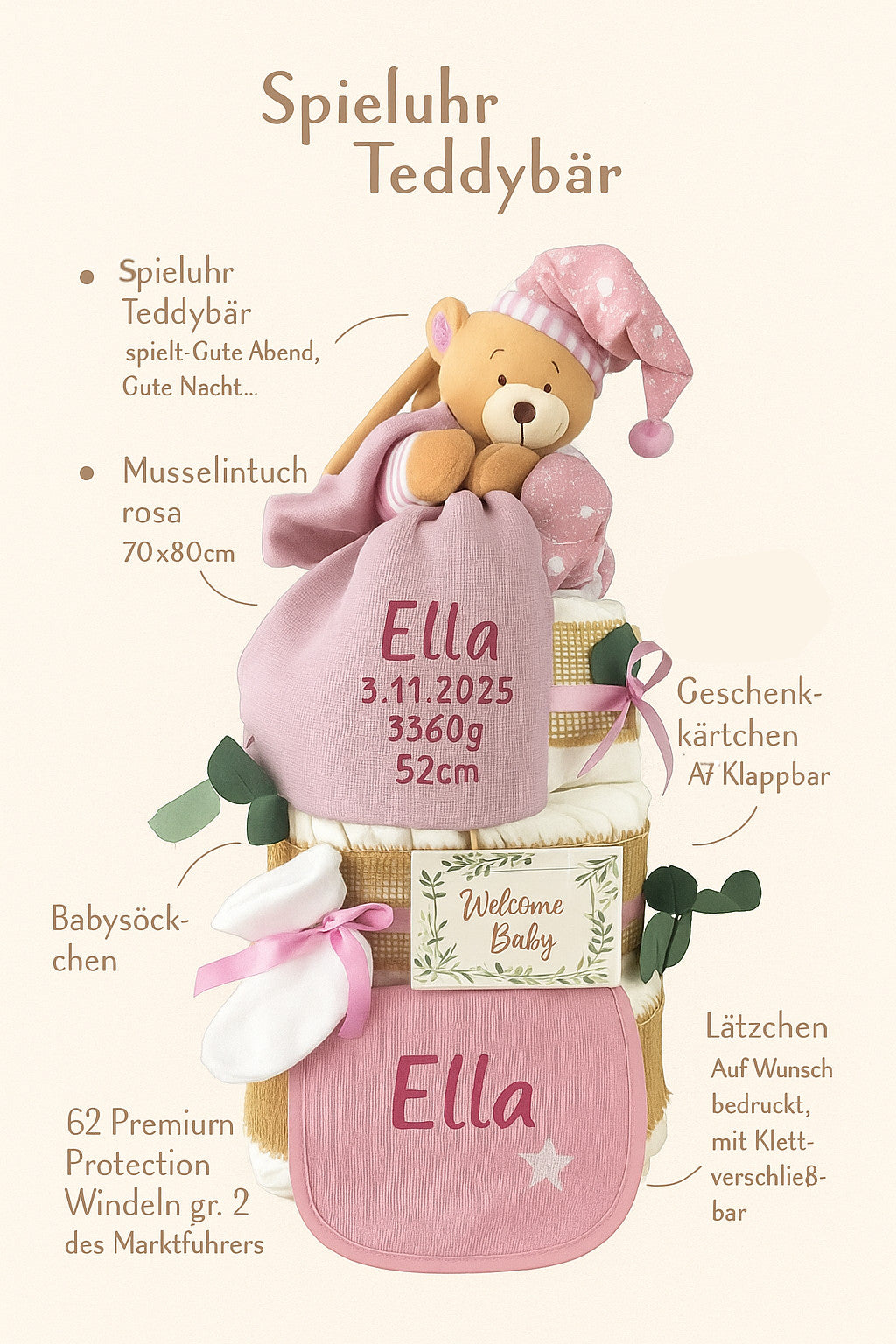 KidzzCamp Premium Windeltorte rosa mit Spieluhr Teddybär, Musselintuch, Lätzchen | Personalisierbar | 4-stöckig