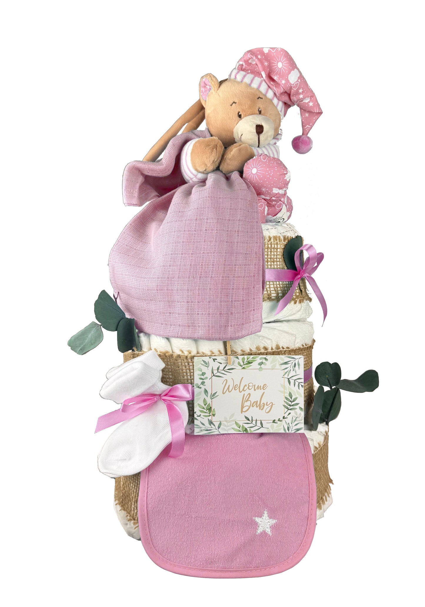 KidzzCamp Premium Windeltorte rosa mit Spieluhr Teddybär, Musselintuch, Lätzchen | Personalisierbar | 4-stöckig
