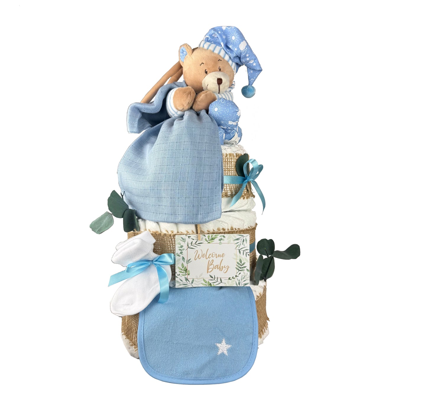 KidzzCamp Premium Windeltorte blau mit Spieluhr Teddybär, Musselintuch, Lätzchen | Personalisierbar | 4-stöckig