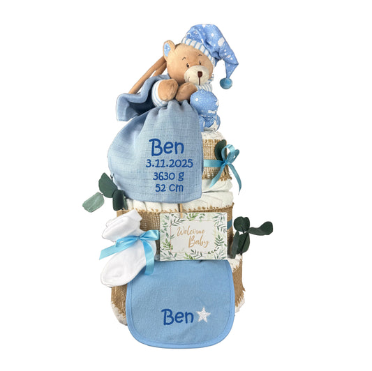 KidzzCamp Premium Windeltorte blau mit Spieluhr Teddybär, Musselintuch, Lätzchen | Personalisierbar | 4-stöckig