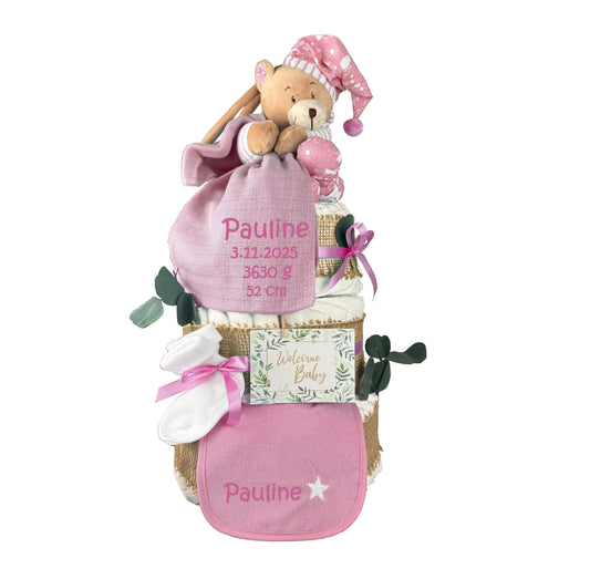KidzzCamp Premium Windeltorte rosa mit Spieluhr Teddybär, Musselintuch, Lätzchen | Personalisierbar | 4-stöckig