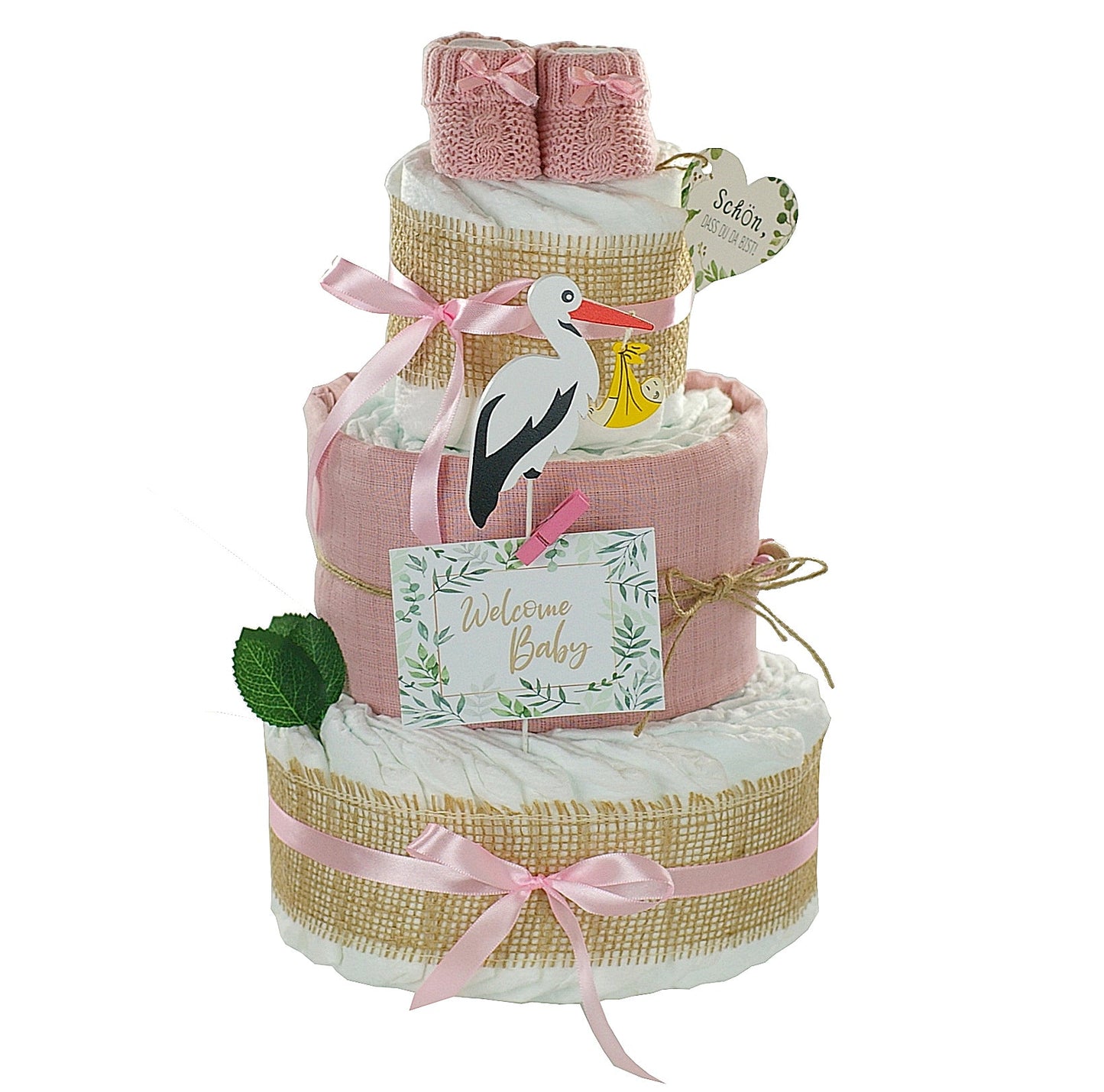 Kidzzcamp große Windeltorte "Storch rosa" mit Babybooties und Mullwindel