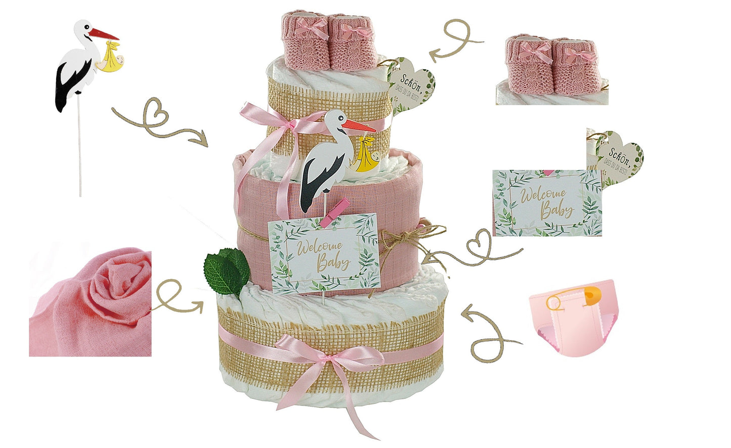 Kidzzcamp große Windeltorte "Storch rosa" mit Babybooties und Mullwindel
