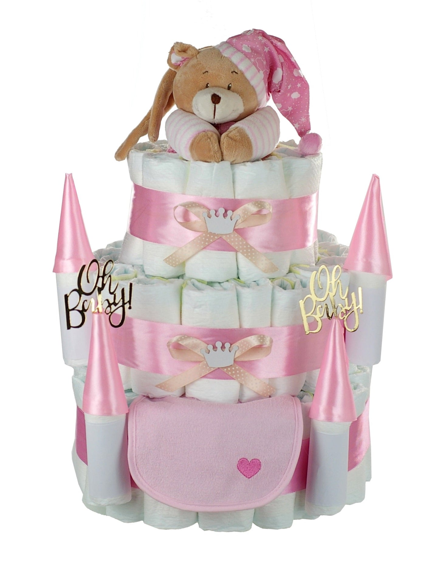 KidzzCamp Große Windeltorte "Schloss" Musikspieluhr Bär rosa personalisierbar
