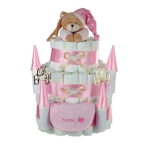KidzzCamp Große Windeltorte "Schloss" Musikspieluhr Bär rosa personalisierbar